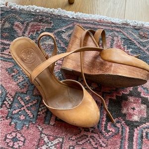 Tory Burch Tan Leather Platform Wedge Sandals